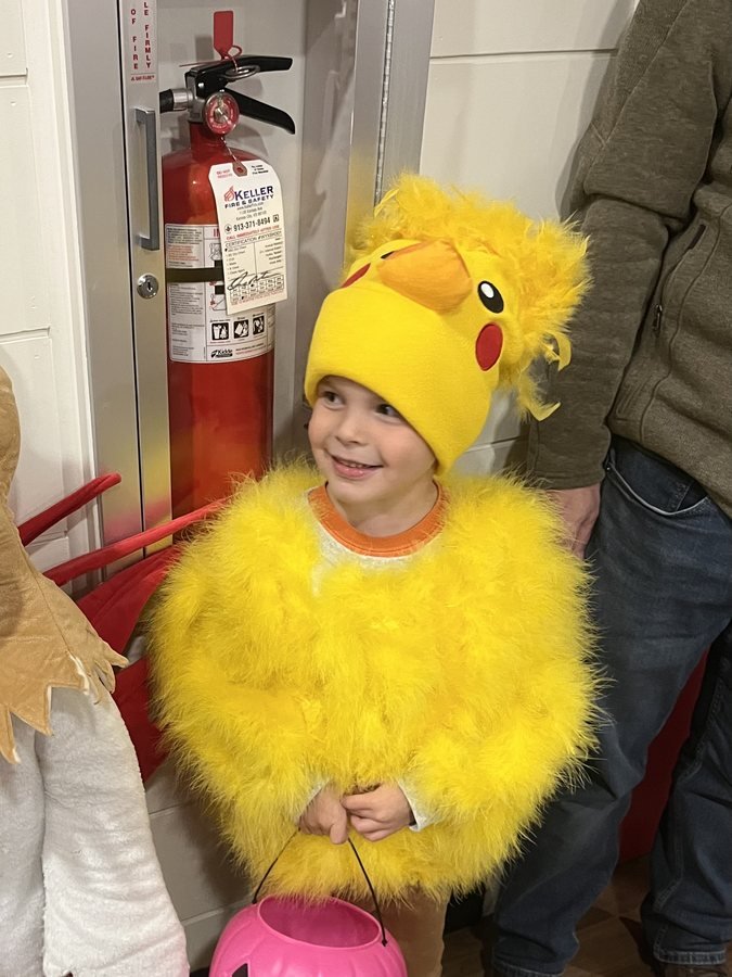 Teddy in a homemade chick Halloween costume