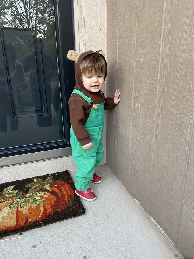 Teddy dressed up in a homemade bear costume