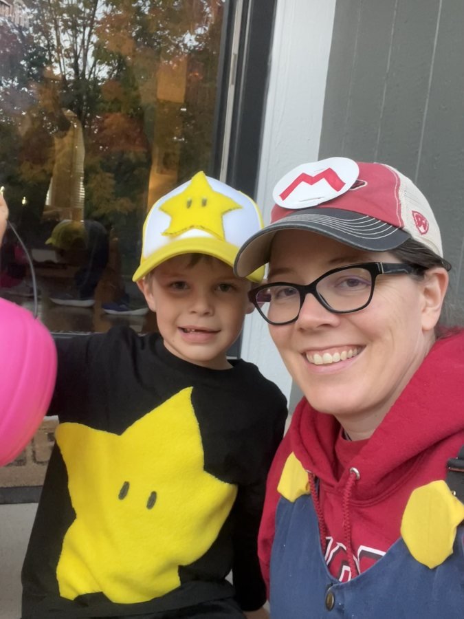 Dr. Baird and Teddy in Super Mario Halloween costumes